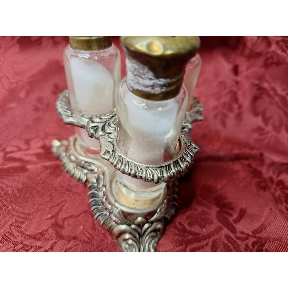 Vintage‎ Ornate Silver Tone Condiment Caddy with 3 Glass Shakers Brass Lids